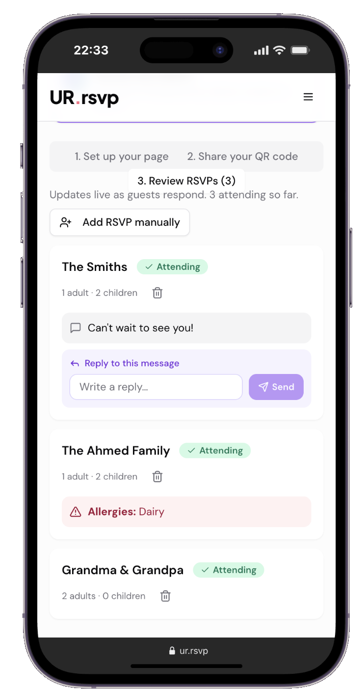 The host dashboard on a mobile phone showing live RSVPs and replying to a guest message