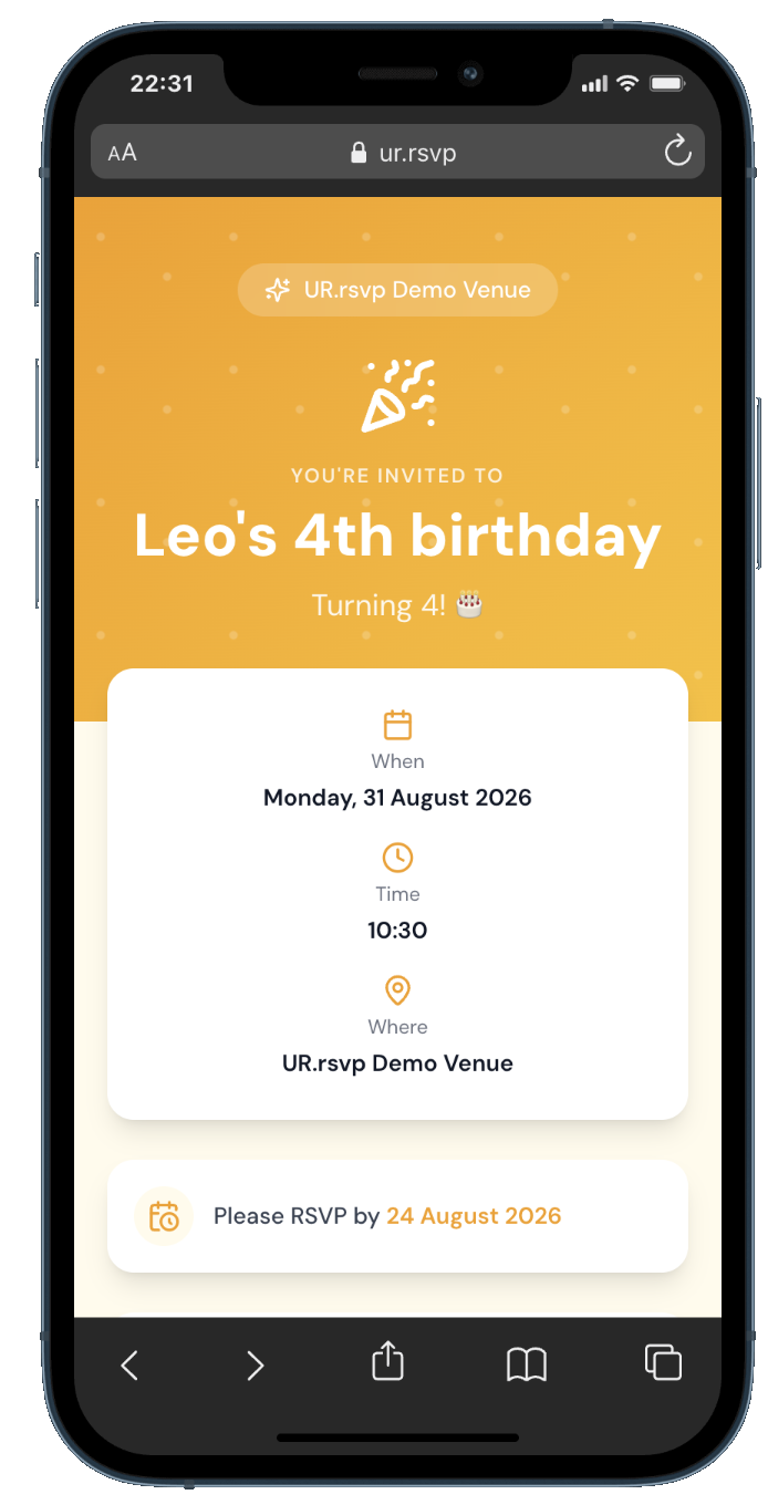 The ur.rsvp guest invite page for Leo's 4th birthday shown on a mobile phone